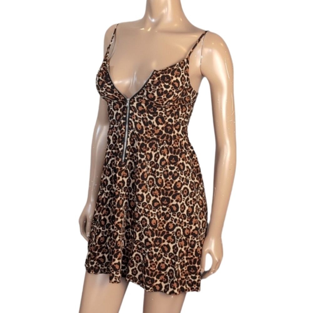 H&M Divided Leopard Mini Dress Womens Size 4 Brown Zippered Sleeveless